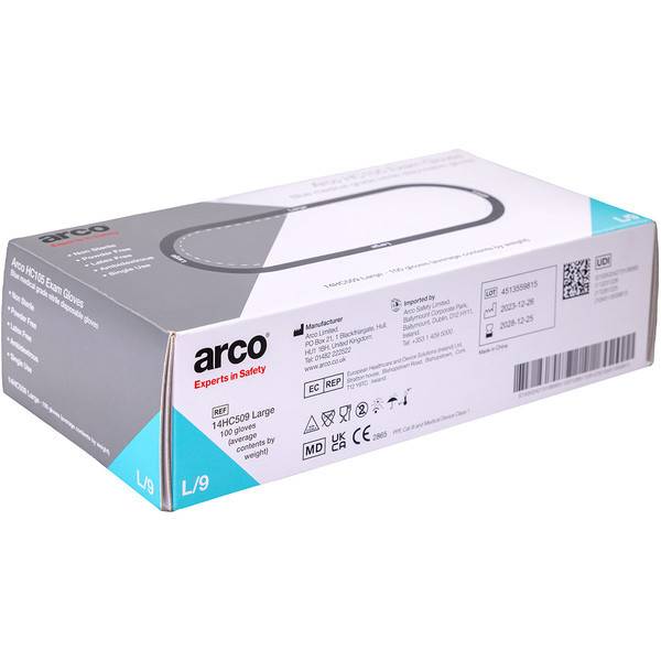 Schachtel Arco Einmalhandschuhe, mit den Aufschriften "L/9"" und ""14HC500 Large"" auf weißem Hintergrund.