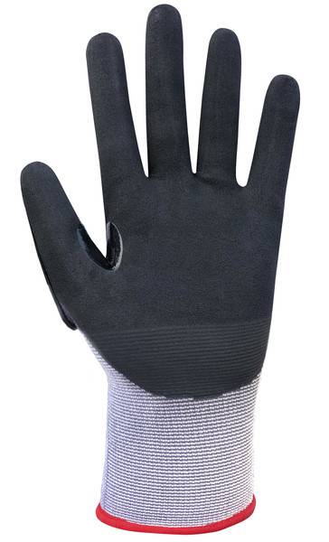 Schwarzer Arbeitshandschuh mit strukturierter Handfläche und grauem Strickbündchen am Handgelenk, Vorderansicht auf weißem Hintergrund.