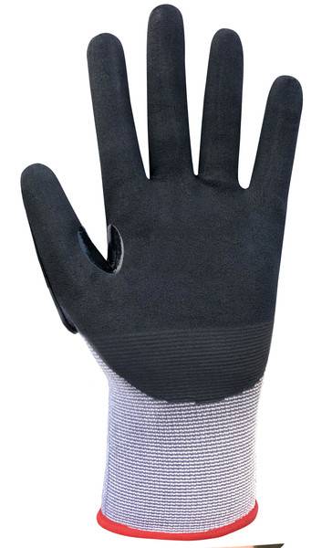 Schwarzer Arbeitshandschuh mit grauem Strickbündchen am Handgelenk und roter Einfassung, Vorderansicht auf weißem Hintergrund.