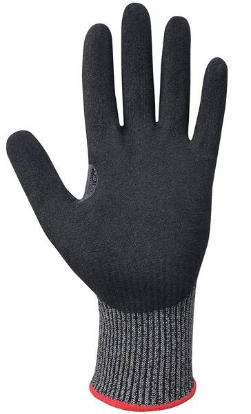 Schwarzer strukturierter Schutzhandschuh mit grauem Strickbündchen und roter Borte, gezeigt auf weißem Hintergrund.
