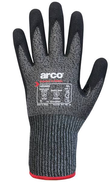 Schwarz-grau Arbeitshandschuh mit strukturiertem Griff und roter Manschette, mit der Beschriftung „arco" auf der Handfläche.