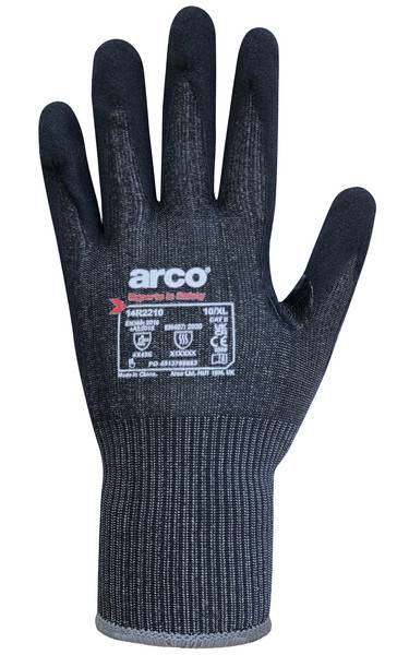 Schwarzer Arco-Arbeitshandschuh mit grauem Strickbündchen, Handfläche gezeigt auf weißem Hintergrund, mit 'arco'-Branding und Produktkennzeichnungen auf der Rückseite.
