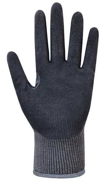 Schwarzer gestrickter Arbeitshandschuh mit strukturierter Grifffläche und gerippter Manschette, isoliert auf weißem Hintergrund dargestellt.