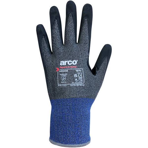 Einzelner schwarz-blauer Arbeitshandschuh mit strukturierter Griffoberfläche und "arco""-Branding auf der Handfläche.