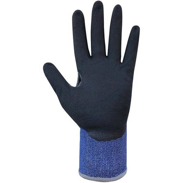Schwarzer Arbeitshandschuh mit blauer Strickmanschette am Handgelenk, Handfläche oben gezeigt, vor weißem Hintergrund.