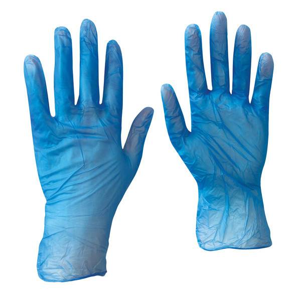 Paar blaue Einweghandschuhe auf weißem Hintergrund.