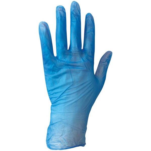 Blauer Einweg-Nitrilhandschuh, Handfläche nach oben auf weißem Hintergrund gezeigt.