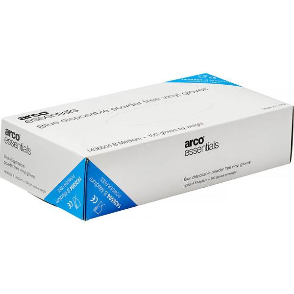 Karton mit Arco Essentials blauen wegwerfbaren puderfreien Vinyl-Handschuhen, Größe M, 100er-Pack, abgebildet in der Produktverpackung.