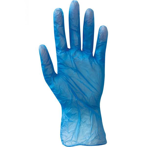 Blauer Einwegkunststoffhandschuh isoliert auf weißem Hintergrund, Handfläche nach vorne gerichtet.