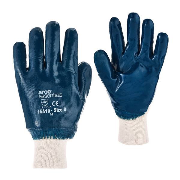 Paar blau beschichtete Arbeitshandschuhe mit weißen Strickbündchen, von vorne und hinten auf weißem Hintergrund dargestellt.