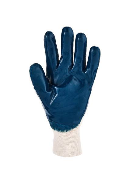 Blauer Arbeitshandschuh mit Beschichtung und weißem Strickbündchen, isoliert auf weißem Hintergrund dargestellt.