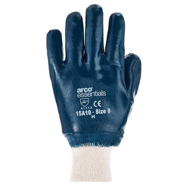Arbeitshandschuh mit blauer Beschichtung und weißem Strickbündchen, gekennzeichnet mit „arco essentials" und „Größe 8"".