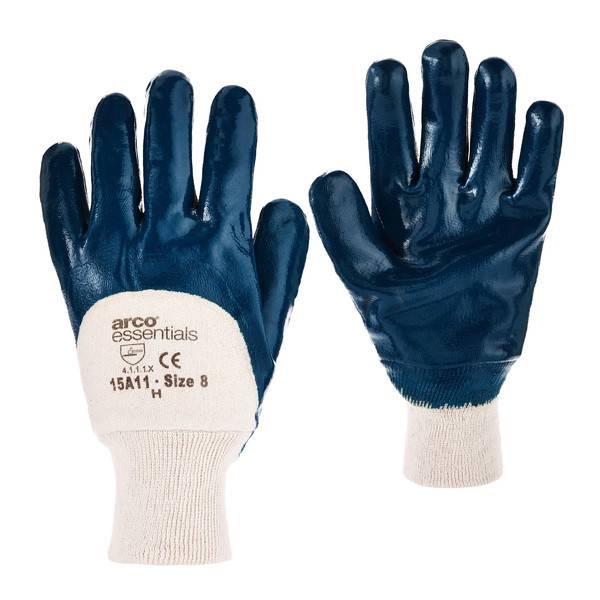Paar blau beschichtete Arbeitshandschuhe mit weißen Strickmanschetten, Vorder- und Rückseite gezeigt, beschriftet mit „arco essentials