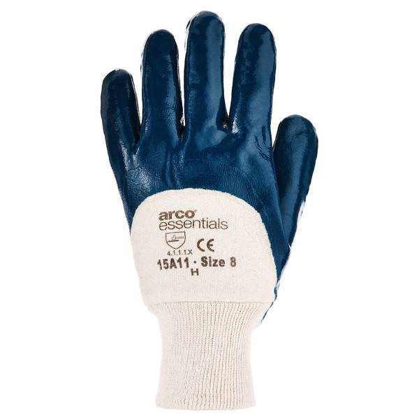 Blau-weiße Arbeitshandschuhe mit "arco essentials""-Branding und Größe 8 auf der Handfläche gedruckt.