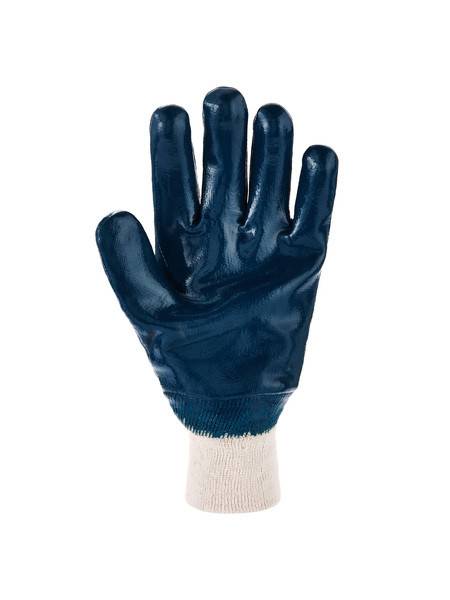 Arbeitshandschuh mit blauer Beschichtung und weiß gestricktem Bündchen, in der Mitte auf weißem Hintergrund dargestellt.