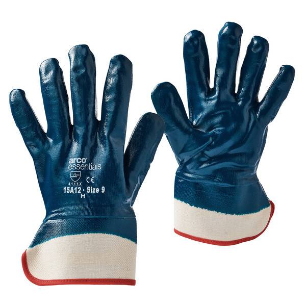 Paar blau beschichtete Arbeitshandschuhe von vorne und hinten gezeigt, mit weißen Manschetten und roter Einfassung; ein Handschuh ist mit „arco essentials
