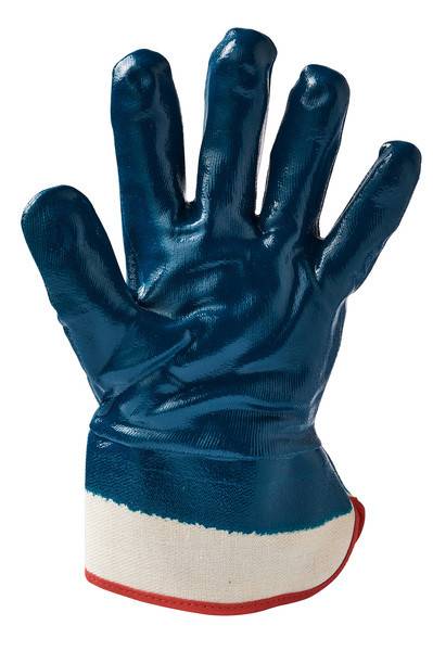 Blauer Schutzarbeitshandschuh mit weißer Manschette und rotem Rand, isoliert auf weißem Hintergrund dargestellt.