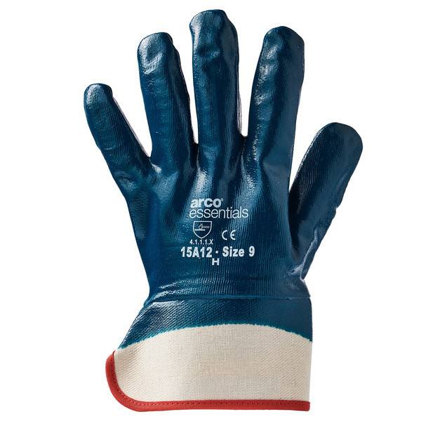 Blau-weißer Arbeitshandschuh mit rotem Bündchen, gekennzeichnet mit „arco essentials" und „Größe 9 H"", vor weißem Hintergrund gezeigt.