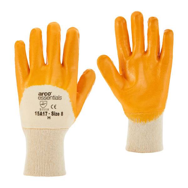 Paar orange-beige Arbeitshandschuhe von vorne und hinten abgebildet, mit 