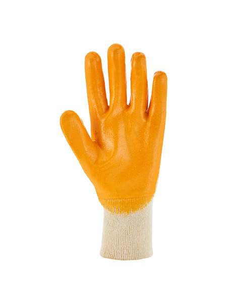 Orange Arbeitshandschuh mit Gummibeschichtung und beigem Strickbündchen auf weißem Hintergrund.