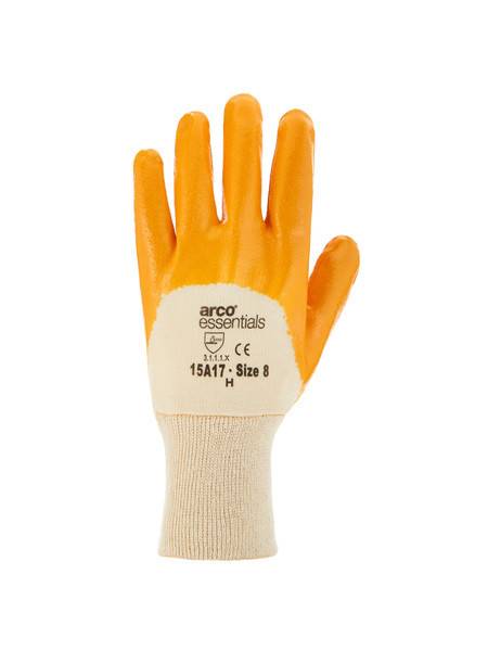 Orange-und-beige Arbeitshandschuh mit orange beschichteten Fingern und gedrucktem Etikett „arco essentials", auf weißem Hintergrund abgebildet.