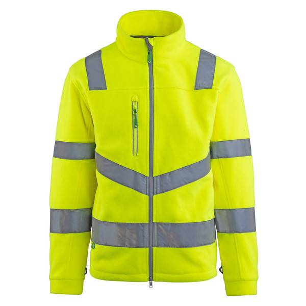 Sicherheitsjacke in hochsichtbarem Neongelb mit grauen reflektierenden Streifen, Reißverschluss vorne und hohem Kragen auf weißem Hintergrund.