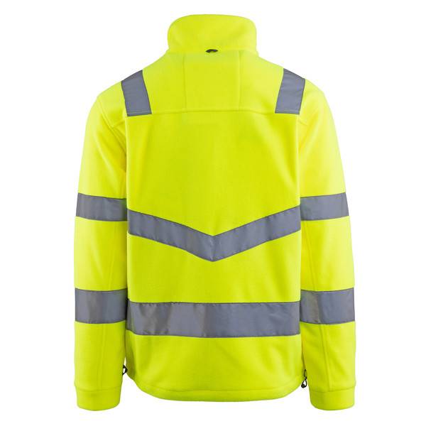 Hochsichtbare neongelbe Sicherheitsjacke mit grauen reflektierenden Streifen auf der Rückseite und den Ärmeln, von hinten gezeigt.