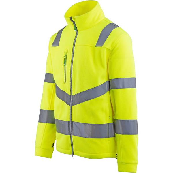 Hochsichtbare neongelbe Jacke mit Reißverschluss und reflektierenden grauen Streifen auf der Brust, den Ärmeln und den Schultern.