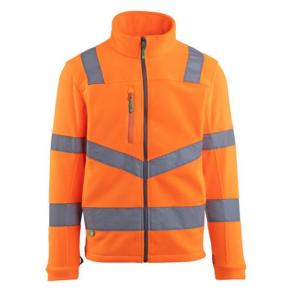 Orangefarbene Sicherheitsjacke mit Reißverschluss, reflektierenden grauen Streifen, Stehkragen und Brusttasche.