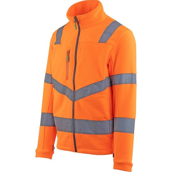 Orange Warnschutzjacke mit Reißverschluss und reflektierenden grauen Streifen auf Brust, Armen und Schultern, auf weißem Hintergrund gezeigt.