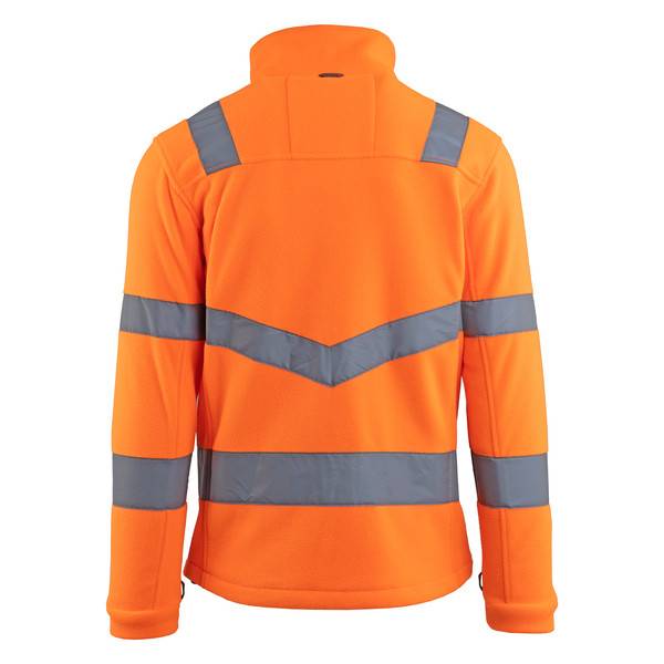 Rückansicht einer orangefarbenen Warnweste mit reflektierenden grauen Streifen über den Schultern, Armen und dem Rücken.