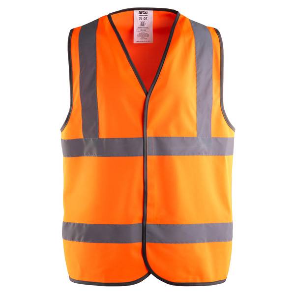 Orange Warnweste mit reflektierenden grauen Streifen und schwarzem Rand, von vorne auf einfach weißem Hintergrund dargestellt.