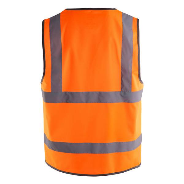 Orangefarbene Hochsichtbarkeitssicherheitsweste mit grauen reflektierenden Streifen auf weißem Hintergrund.