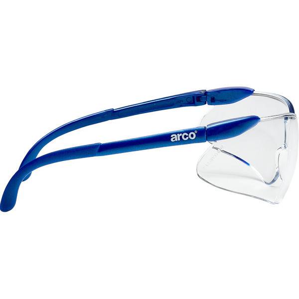Blaue Schutzbrille mit klaren Gläsern und „arco"-Branding auf dem Bügel, auf weißem Hintergrund dargestellt.