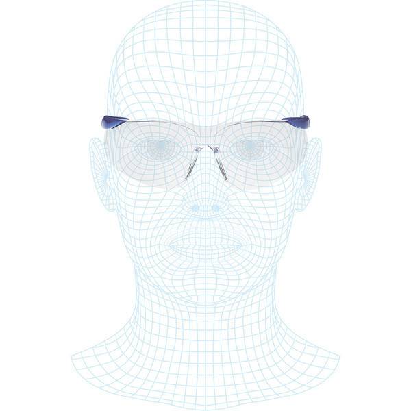 Frontal angeordnetes Wireframe-Kopfmodell mit Brille, die den Rahmen über den Augen zeigt und die Bügel, die sich über die Ohren erstrecken.