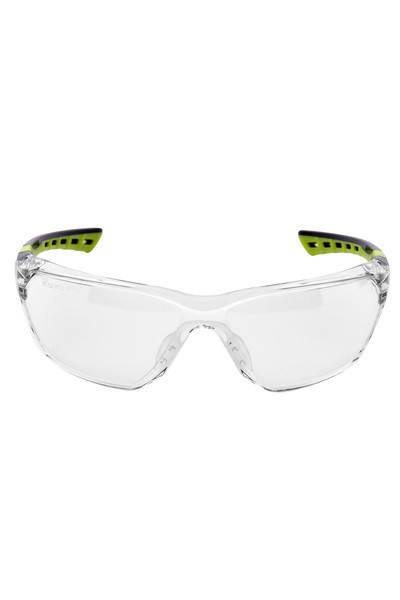 Klare Schutzbrille mit umwickelten Gläsern und hellgrünen Bügelspitzen auf weißem Hintergrund.
