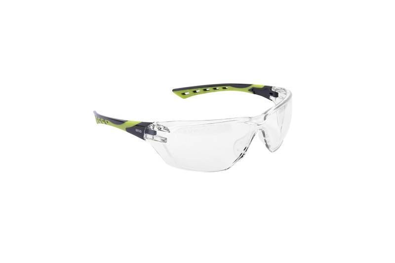 Klare Schutzbrille mit grünen und schwarzen Bügeln auf weißem Hintergrund.