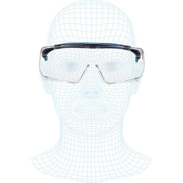 Vorderansicht einer Schutzbrille auf einem transparenten Drahtgitter-Kopf, die Passform und Platzierung der Schutzausrüstung zeigt.