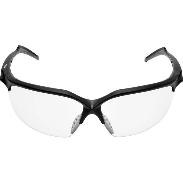 Schwarze Umfassungsschutzbrille mit klaren Gläsern auf weißem Hintergrund.