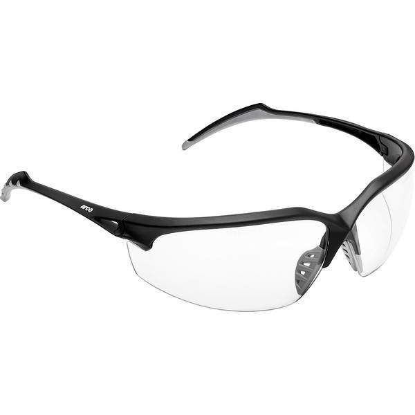 Schwarze umwickelnde Sportsonnenbrille mit klaren Gläsern auf weißem Hintergrund.