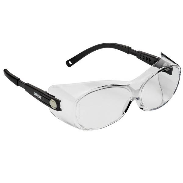 Klare Schutzbrille mit schwarzen Bügeln und Wraparound-Gläsern, gezeigt auf weißem Hintergrund.