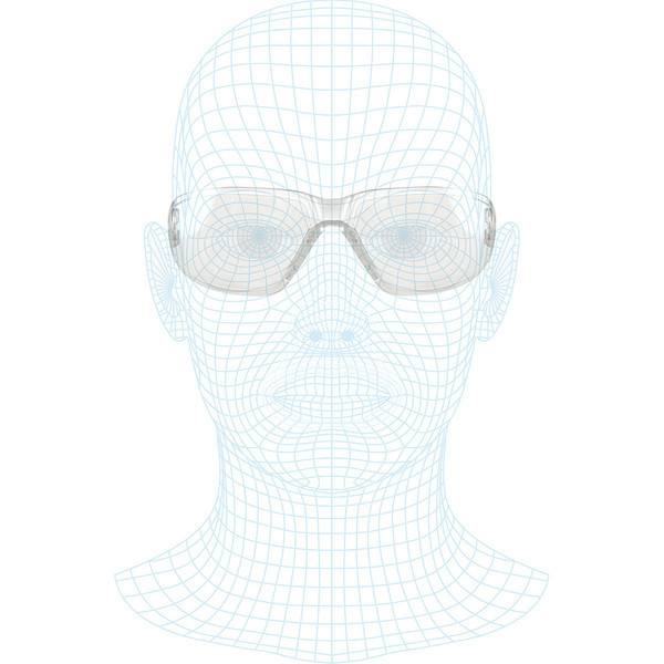 Frontalansicht eines Drahtgitter-Kopf- und Schulter-Modells mit Brille, das ein transparentes 3D-Gesichtsnetz auf weißem Hintergrund zeigt.