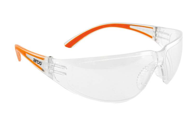 Klare Schutzbrille mit Umwicklungsdesign, orange getönte Bügel und Seitenschilde auf weißem Hintergrund.