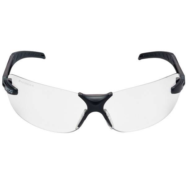 Klare Schutzbrille mit Umlenkung und schwarzen Bügeln auf weißem Hintergrund.