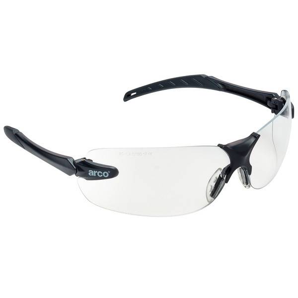 Klare Schutzbrille mit Umlaufscheiben, schwarzem Rahmen und Bügeln, Marke „arco"
