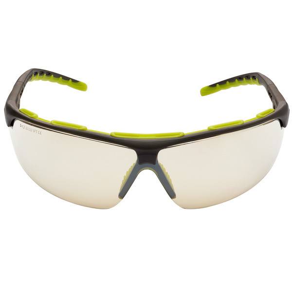 Sportsonnenbrille mit umwickelnden verspiegelten Gläsern, dunklem Rahmen und limonengrünen Akzenten auf weißem Hintergrund.