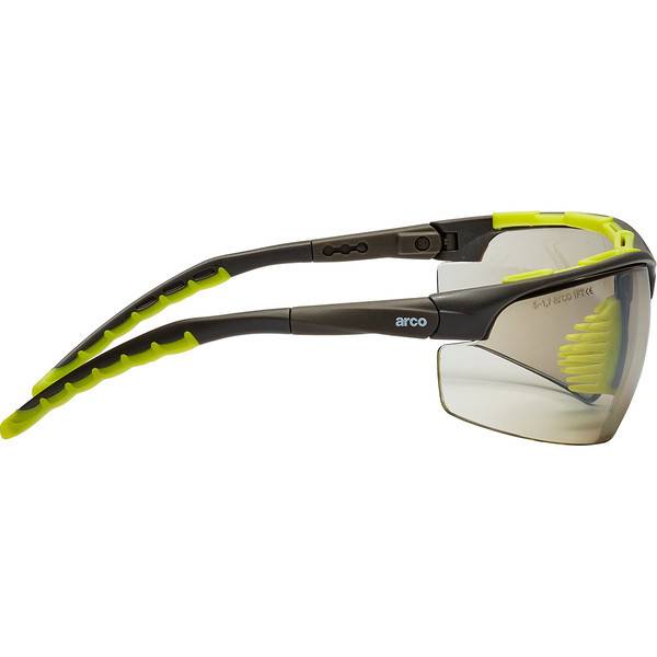 Seitenansicht einer schwarzen und neongelben Schutzbrille mit umwickeltem Design, getönten Gläsern und gebogenen Bügeln auf weißem Hintergrund.