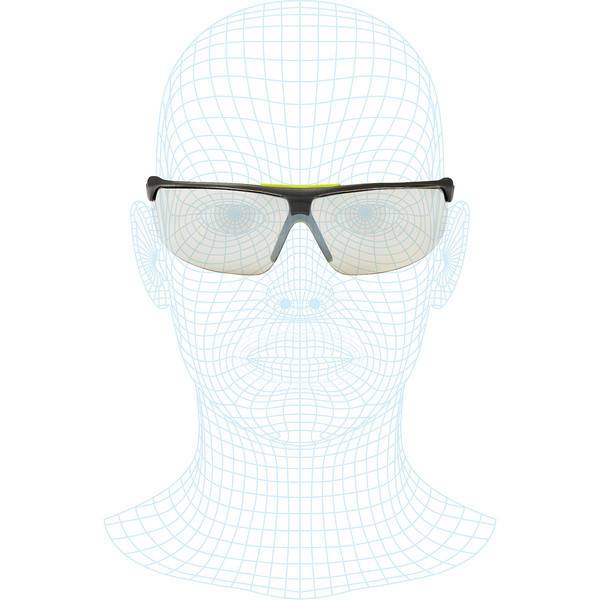 Frontale Ansicht eines Drahtgitter-Menschenkopfes mit Wrap-Around-Sonnenbrillen oder Schutzbrille.