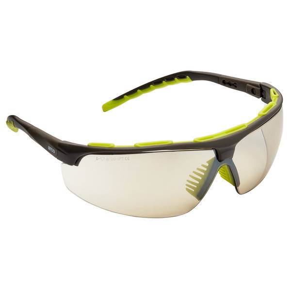 Schwarze und neongelbe Schutzbrille mit umwickelter Fassung und getönten Gläsern, gezeigt auf weißem Hintergrund.