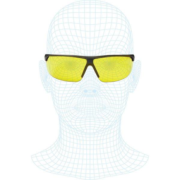 Wireframe-Menschenkopf mit gelb getönter Überbrille, die Brillenpassform und Augenschutz illustriert.